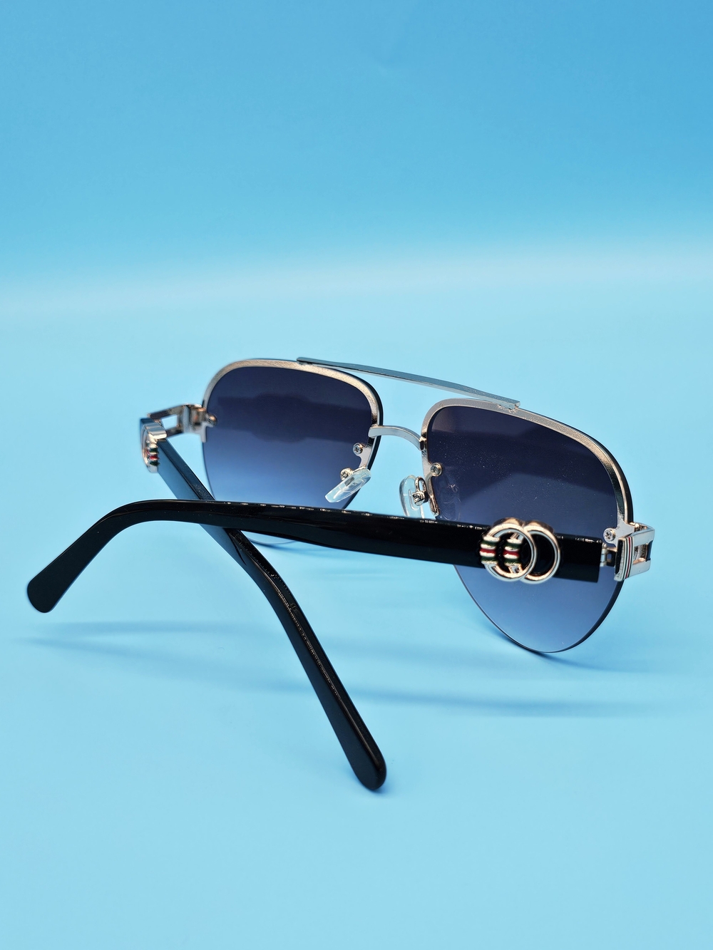 Men's Black and Silver Aviator Sunglasses with Blue Gradient Lenses